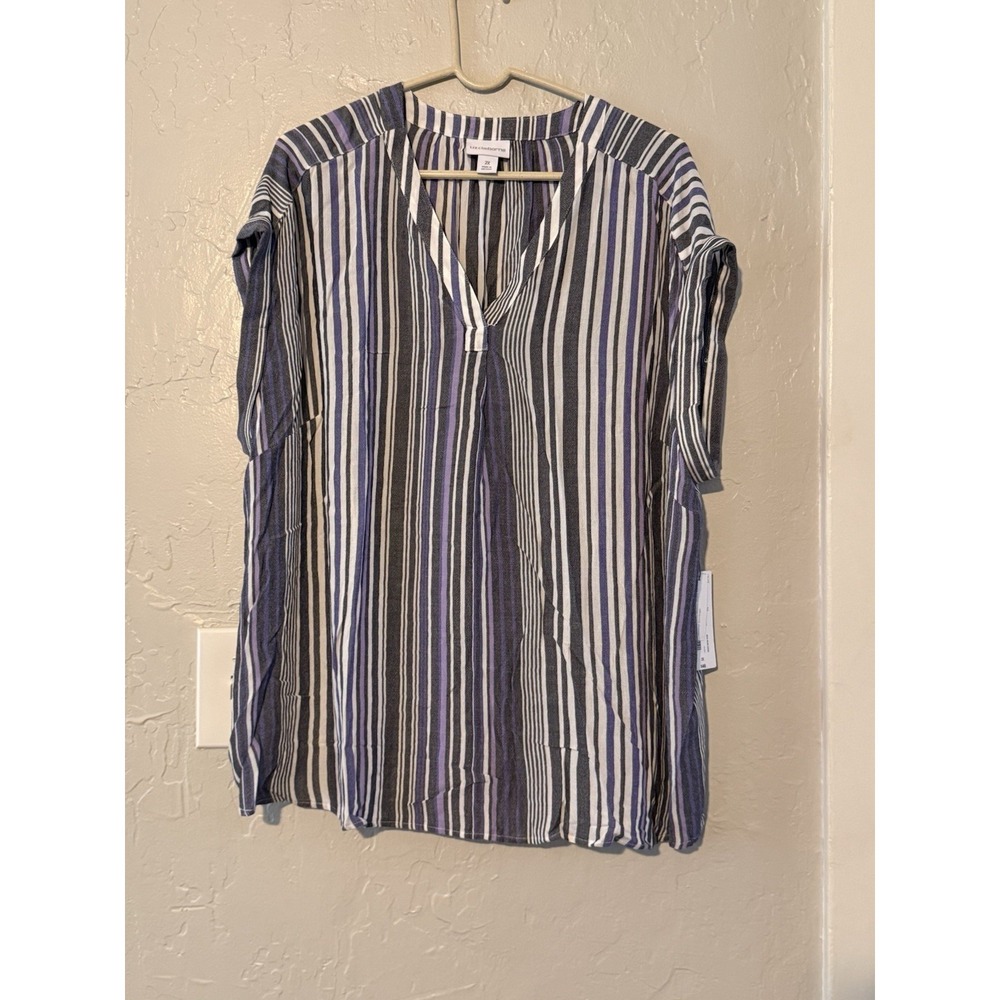 Ladies 2X Blouse-navy Stripe-Liz Claiborne-short Sleeves NWT-v neck